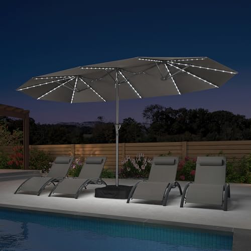 Image of PURPLE LEAF Patio Umbrella 14ft with Base and Solar Lights Outdoor, Grey