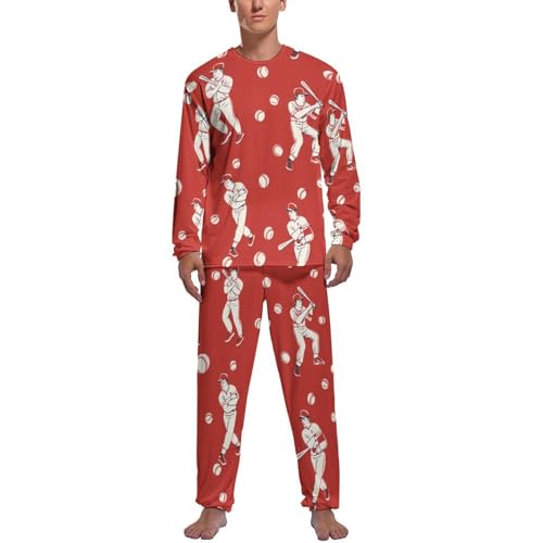 Baseball Player Mens Pajama Set Soft Long Sleeve Sleepwear 2 Piece Lounge Set Pjs