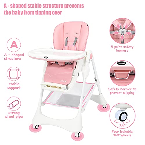Image of INFANS High Chair with One-Hand Removable Tray, 4 Lockable Wheels & Large Storage Basket - Multi-Adjustable Height, Recline & Footrest, Removable Cushion, Foldable for Baby, Infant Toddler