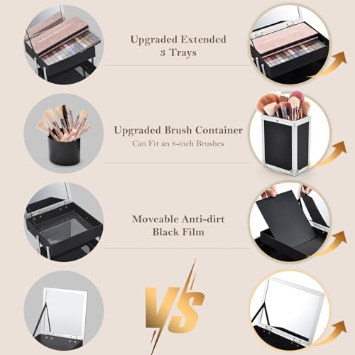 frenessa makeup case 118 inch makeup organizer case large cosmetic box with mirror portable 3 trays travel storage box for make up nail tech kits cosmetology case 3d rose gold floral