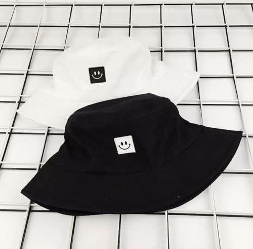 2 Bucket Hats | Cotton | Black and White | Happy Face | Fisherman Style Plain Simple Bucket Hat for Women Men Girls Boys | Brimmed Sun Hat for Festival or Beach Holiday | One Size