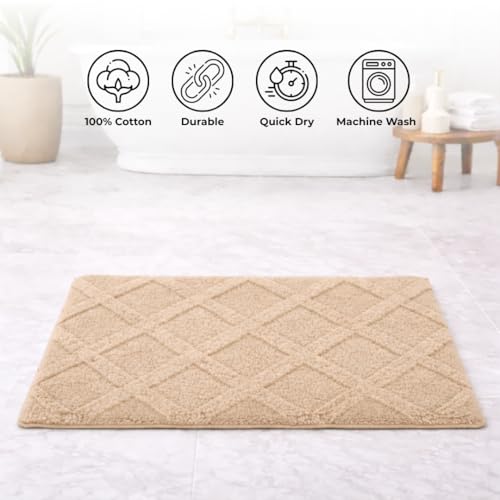 Image of Premium Combed Cotton Tufted Bathmat 45 x 65 cm, 1800 GSM Soft Absorbent Anti Skid Bathroom Floor Mat with Latex Backing, Quick Dry Non Slip Bath Rug for Shower & Daily Use, Diamond Beige