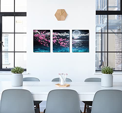 Canvas Art Wall Decor Framed Wall Art Plum Blossom Moon Ocean Art Prints Wall Decor For Bedroom Modern Wall Pictures For Bathroom 3 Pieces Wall Decorations For Home Kitchen Size 12X16 Each Panel #TOP5