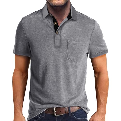 Camiseta para hombre de manga corta – Slim Fit Henley – Polo con botones – Tennis Golf Polo con bolsillo – Camiseta deportiva – Camiseta interior para hombre, gris, S