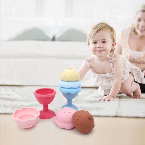 Image of Bath Toys, Silicone Ice Cream Stacking Toy, Baby Bath Toy, Connect, Build, Create - Bathtub Toys