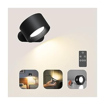 Coollamp Battery Wall Light, Indoor Wall Lamp with Remote/Touch Control, Rechargeable Battery, 3 Color Modes, 3 Dimmings, 360 ° Rotate, LED Wall Sconce for Reading Bedroom Living Room-Black 1PC