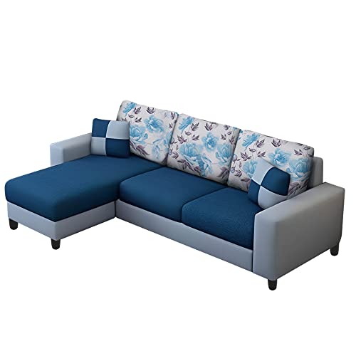 Image of Orland 4 Seater LHS L Shape Sofa with Center Table & 2 Puffy | Color - Blue Grey