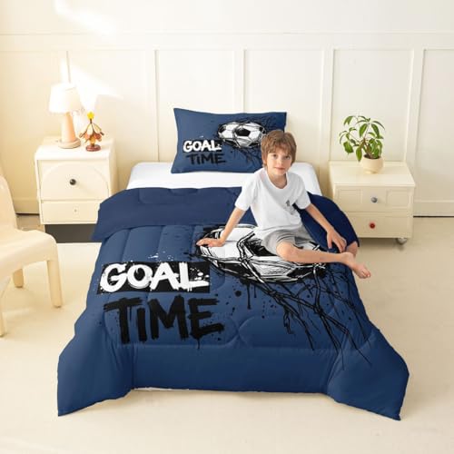 Image of Feelyou Soccer Kids Comforter Set Twin Size Soccer Ball Game Bedding Set Blue Gaming Sports Duvet Quilt for Kids Boys Girls Bedroom Gift for Football Lover Decor Microfiber Ultra Soft Breathable