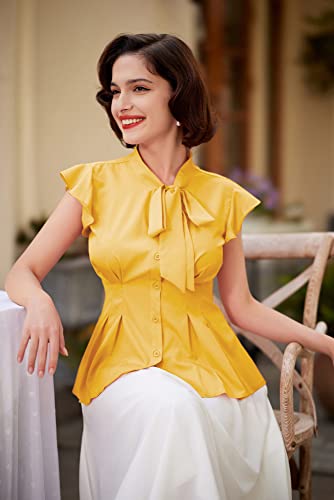 Belle Poque Ladies Casual Work Solid Blouse Shirts Tops Bow Tie Neck Ruffle Sleeveless Casual Work Solid Blouse Shirts Tops,Yellow #TOP2