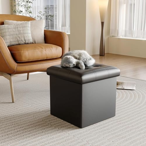 Image of AR Mall 15 Inches Storage Ottoman Cube, Foldable Storage Boxes Footrest Step Stool, Padded Seat for Dorm Living Room Laundry Storage Space, Bed Storage Seat, Toys Storage (38X38X38 CM) (BLACK LEATHER)