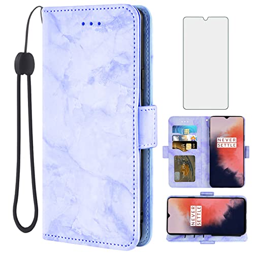 Asuwish Compatible with OnePlus 7T OnePlus7t 5G Case and Tempered Glass Screen Protector Cell Card Holder Slot Kickstand Flip Marble Wallet Phone Covers for One Plus7T 1 Plus T7 1plus + 1+ 1+7T Purple