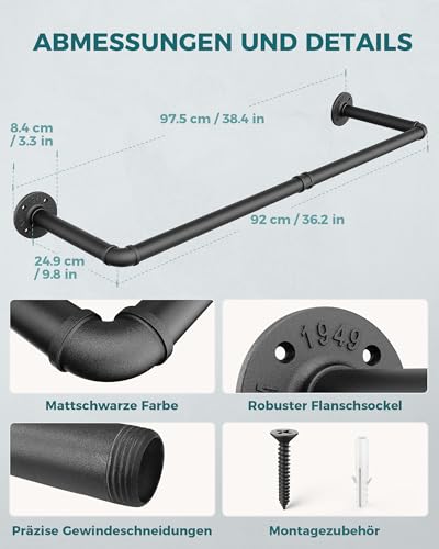 OROPY Industrielle Rohr-Kleiderstange, 92 cm, Wandmontage, abnehmbare Retro-Metall-Kleiderstange, Schwarz (zwei Basen)