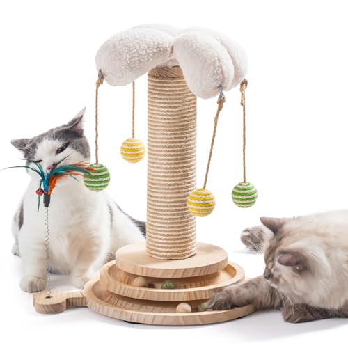MEWOOFUN 4-in-1 Katzenspielzeug Kitten Spielzeug, Sisalseil für Katzen mit 4 hängendem Ball – Interaktives Katzenspielzeug Holz Track Katen Ball mit Feder (Stil 2)