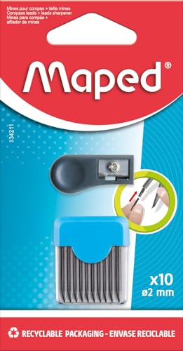 Maped - Hartschalenkoffer mit 10 Ersatzminen 2 mm + 1 Minengröße für Schulzirkel Minen + Minengröße Zirkel Maped mit Spitze 2 mm HB