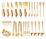 Picture of LifeMusican Rose Gold Cheese Knife Set, Cheese Butter Spreader Knife Slicer knives With Serving Tongs, Spoons, Forks, Flags Cheese Markers, Wooden Honey Dipper For Charcuterie Board Accessories