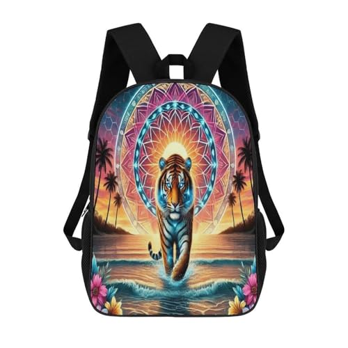 Tiger Mandala Sunset Backpack Simple Leisure Travel Backpack Outgoing Daypack 17 Inch