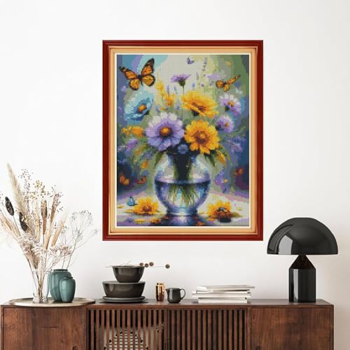 Image of MYBISYMQQ Stamped Cross Stitch Kits for Adults Beginners - Sunflower & Butterfly Flower Vase 11CT Pre-Printed Embroidery Kit, DIY Needlepoint Patterns for Home Wall Art Decor, 15.7x11.8 Inches