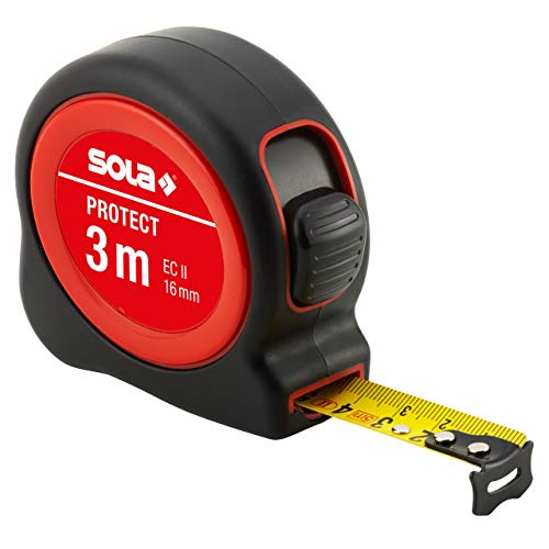 SOLA PROTECT - Bandmaß 3m / 16mm - robustes Rollbandmaß mit Gürtelclip - Stahlband, gelb lackiert...