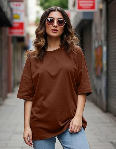 Image of JUNEBERRY Pure Cotton Oversized Baggy Fit Half Sleeve Drop Shoulder Plain Solid Round Neck T-Shirt for Women (Available in Black, White, Lilac, Cork, Maroon, Royal Blue, Swan White, Soap Nut Colors)