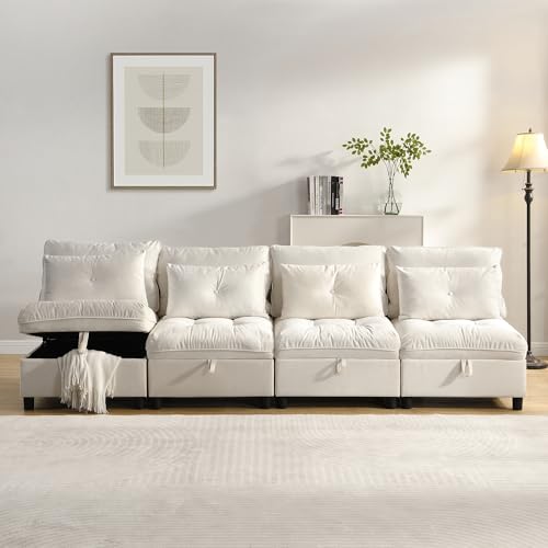 Lcoho Sofá modular de 4 plazas modular separables: combinable, espacio de almacenamiento, cojín de asiento, función de dormir, funda de chenilla, diseño de espacio libre con combinación de sofá cama