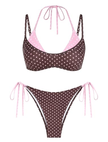 ZAFUL Women's Polka Dot Bikini Set Double Layer Halter Swimsuit Colorblock Side Tie 2 Piece Bathing Suit 0-Brown Polka dots M