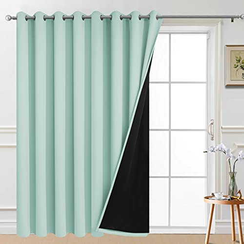 Image of Yakamok Aqua 100% Blackout Patio Door Curtain Panels W100 x L84,1 Panel | Noise Reducing Barrier Panel for Sliding Glass Door, 2 Thick Layers Heat Full Light Blocking Patio Door Drapery