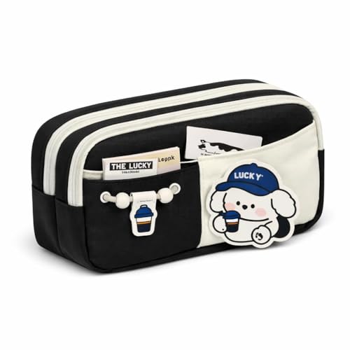 Image of Cute Aesthetic Pencil Case for Girls & Boys | 3 Layer 6 Compartment Large Capacity Pencil Pouch with Zipper | Cartoon Stationery Organizer Bag for Students & Kids (Black)