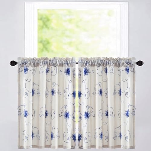 VOGOL Blue Floral Vine Embroidered Tier Curtains, 30 x 36 Inches, 2 Panels