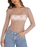 KTILG Pink Long Sleeve Lace Tops for Women Y2k See Through Embroidery Tee Mesh Sheer Tee Shirt Blouses Street Wear S