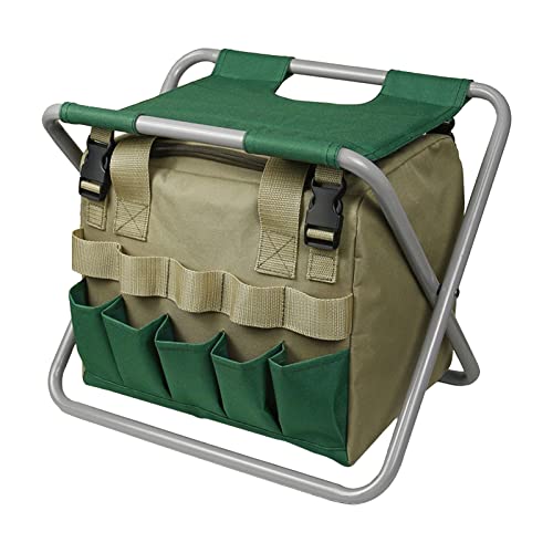 SIBOMTEX Gardening Tote Bag with Folding Stool Hand Tool Storage Bag Gardening Tool Kit Organizer Lawn Yard Bag Carrier