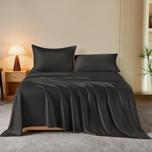 THXSILK Luxury Mulberry Silk Bed Sheets Set - 4pcs Silk Sheets Set 16' Deep Pocket - 1 Fitted Sheet, 1 Flat Sheet, 2 Pillowcases with Zipper Closure - Queen, Black