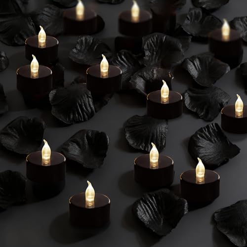 500Pcs Rose Petals with 12 LED Tea Lights Candles Set Black Artificial Rose Petals and Flameless Candles Set for Anniversary Valentines Day Wedding Decor (Black Candles-White Light)