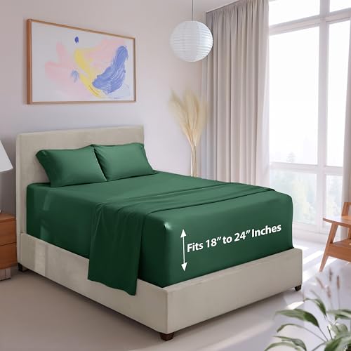 Image of Hearth & Harbor Extra Deep Pocket Sheets - 4 Piece Hotel Luxury Bed Sheets Set Fits Up to 24 inch Mattress - Ultra Soft Luxury Bed Sheet Set - Soft & Breathable, Full, Hunter Green | 4 Piece Bed Sheet Set, Ultra Soft & Breathable, Fits Up to 24 inch Mattress, Hotel Luxury