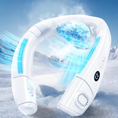 Ventilateur de Cou Portable avec Grande Glacon Plaque de Refroidissement, Ventilateur Silencieux Climatiseur Cou Mobile 6000mAh Rechargeable, 360° Rafra...