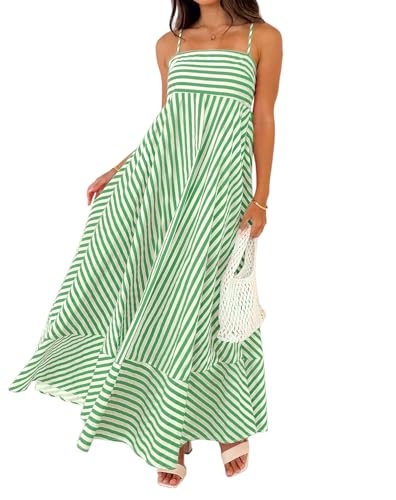Image of Women Striped Maxi Dress Smocked Backless Spaghetti Strap Long Flowy Dress Sleeveless Boho Aline Sundress