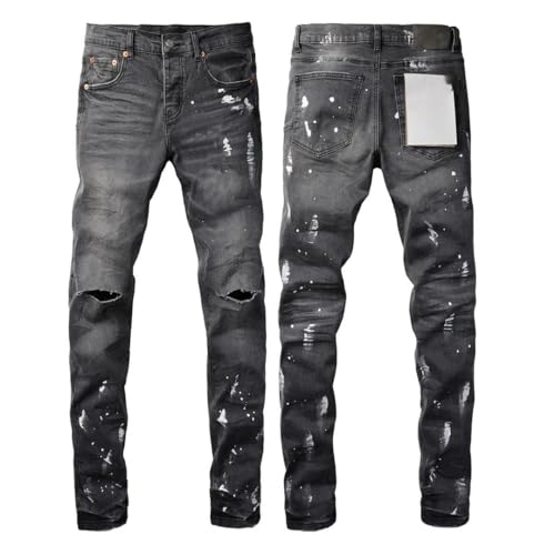 Men’S Y2K High Street Ripped Paint Repair Skinny Pencil Pants Slim Fit Button Fly Slight Stretch Appliques Jeans2