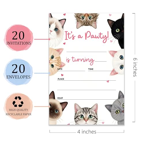 ATOERNCSO 4x6 Cute Cat It’s a Pawty! Birthday Invitations (20 Cards + 20 Envelopes) – Adorable Feline-Themed Kids’ Party Invites.(067)