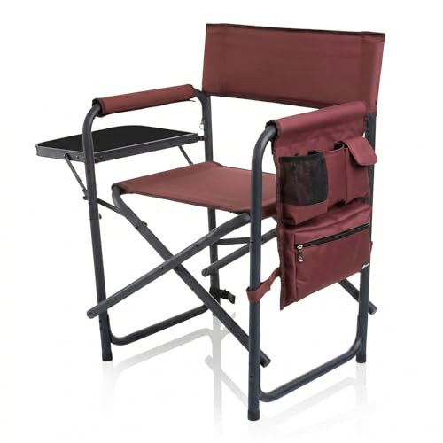 Image of Picnic TIME Sports Chair with Side Table and Armrest Caddy, Lightweight Aluminum Folding Outdoor Camping Chair for Adults, Portable Director Style Lawn Seating with Pockets & Carry Strap, (Burgundy)