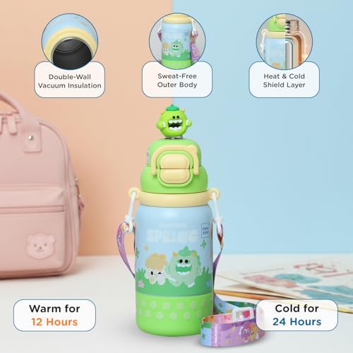 Image of Mee Mee Oasis Sip Kids Insulated Water Bottle 460ml | SUS316 Stainless Steel | 3-in-1 Straw, Spout & Sip Lid | Leakproof School Bottle for Kids | 12H Cold & 8H Hot | BPA-Free Sipper with Strap