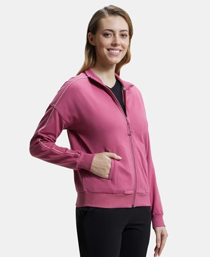 Image of Jockey A111 Women Super Combed Cotton French Terry Drop Shoulder Styled Jacket with Ribbed Cuff and Hem