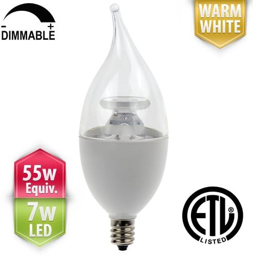 PacLights Cand55 Dimmable LED Candelabra Light Bulb, 7 Watts, Soft / Warm White, 60w Equivalent Replacement (500 lumens), E12 Candle Base, ETL Listed