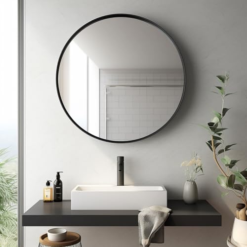Image of Sunniry Circle Mirror 26 inch, Black Round Mirror, Round Bathroom Mirrors Matte Metal Frame, Circle Mirrors for Living Room, Bathroom, Wall, Hallway.
