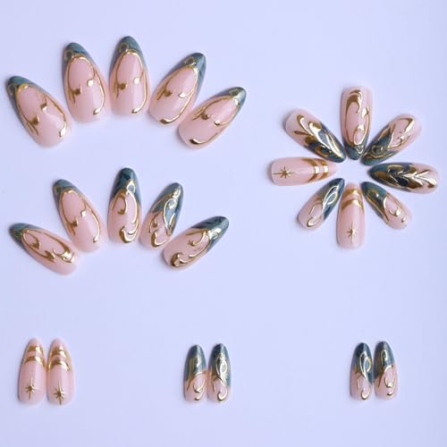 Image of Teal Press on Nails with Silver Swirl Design Medium Almond Fake Nails Star Stick on Nail Glossy Full Cover for Women Manicure 24Pcs
