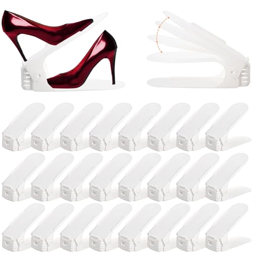 Noamus 24 Packs Shoe Slots Organizer Adjustable 4 Level Shoe Stacker Double Layer Stack Shoe Holder White Plastic Shoes Space Saver Thickening Shoe Rack Holder for Closet Organization