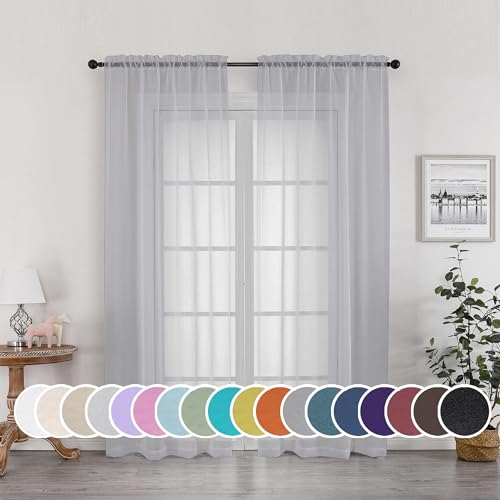 Image of OWENIE Sheer Curtains 72 Inches Long for Living Room Bedroom, Rod Pocket Fimly Voile Door Curtains with Soft Touch, Rod Pocket Solid Light Grey Voile Elegant Airy Curtains, Each 42Wx72L inch