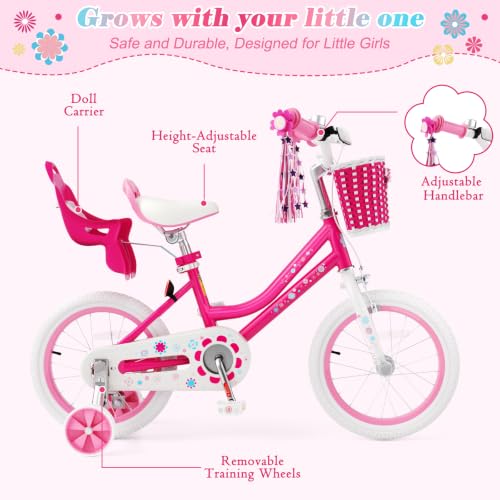 Image of Glaf Toddler Girls Bike for Age 2-12 Years Old | 12 14 16 20 Inch Kids Bike Girls Bicycle with Training Wheels,Basket,Doll Seat,Princess Style Kids Bicycle Gift