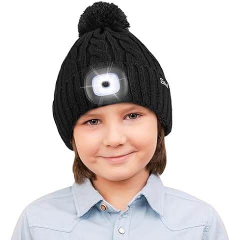 Etsfmoa Unisex Hat with Light for Kids,Winter Knitted Beanie,Gifts for Boys and Girls,Rechargeable Headlamp LED Cap Black Cover
