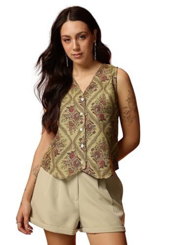Image of Amazon Brand - INKAST Women Floral Printed Button Down V-Neck Tunic Top|Sleeveless|Ethnic Crop Top