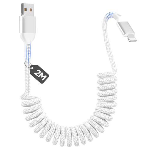Zestiq Cable Lightning en Espiral 2M, Cable Retráctil Apple Carplay para Coche, Cable USB A a Lightning Corto para iPhone 14, 13, 12, 11 Pro Max, XR, XS, X, 8 Plus y SE - Blanco