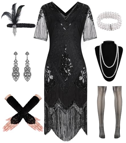 WILDPARTY 20er Jahre Kleid Roaring 20s Charleston, Flapper mit Dünn Ärmel Pailletten Perlen Fransen, Cocktailkleid 20er Jahre Accessoires, Vintage...